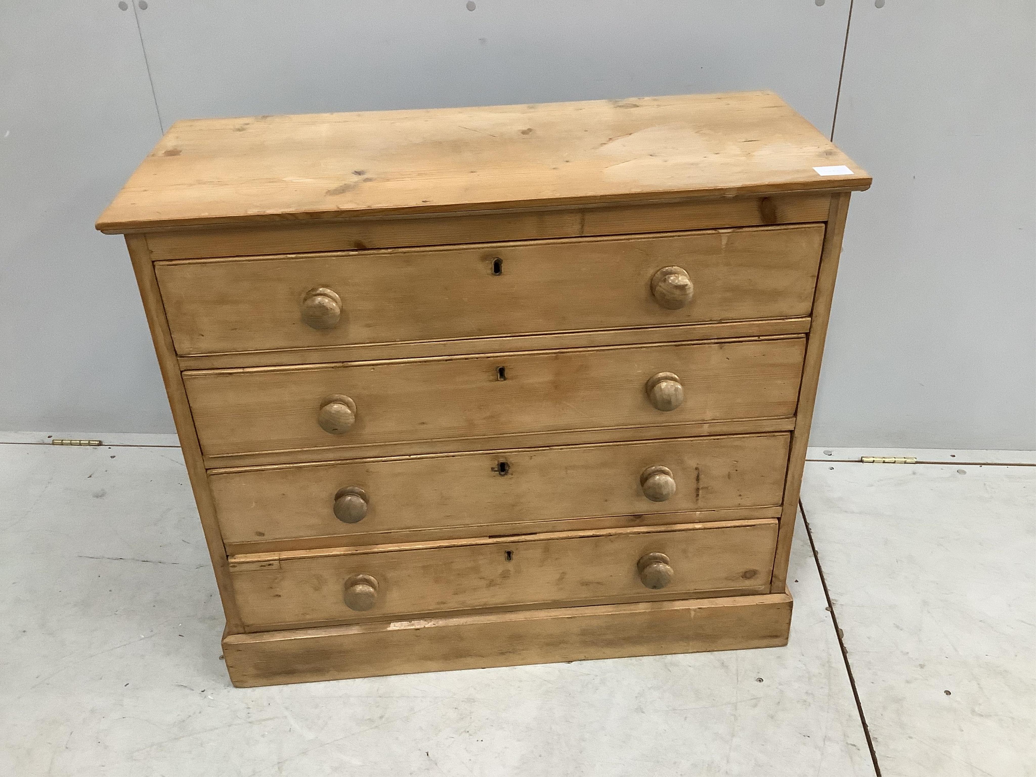 A Victorian pine four drawer chest, width 91cm, depth 41cm, height 80cm. Condition - fair